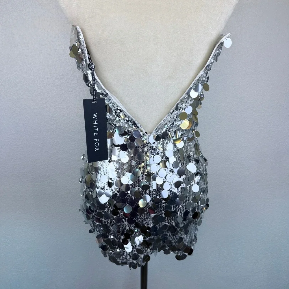 NWT White Fox Silver Sequin Paillette Strapless Glam Mini Dress Women's Size XS - Picture 4 of 8